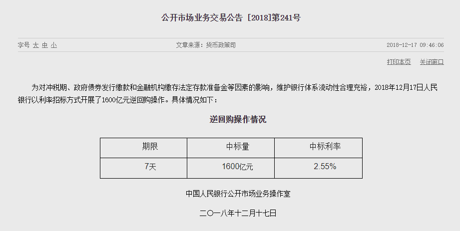 央行逆回购操作